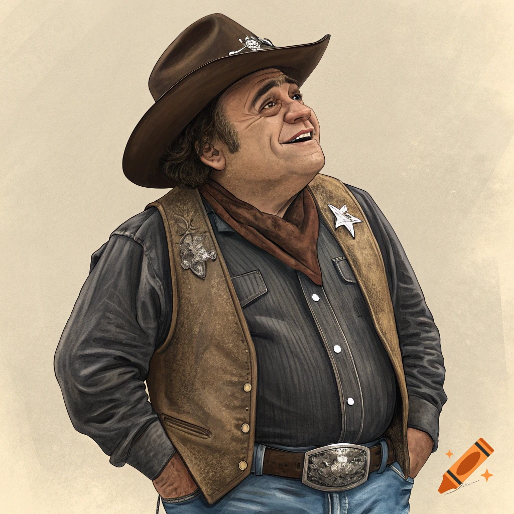Illustration of a smiling man in a cowboy hat and vest looking up on ...