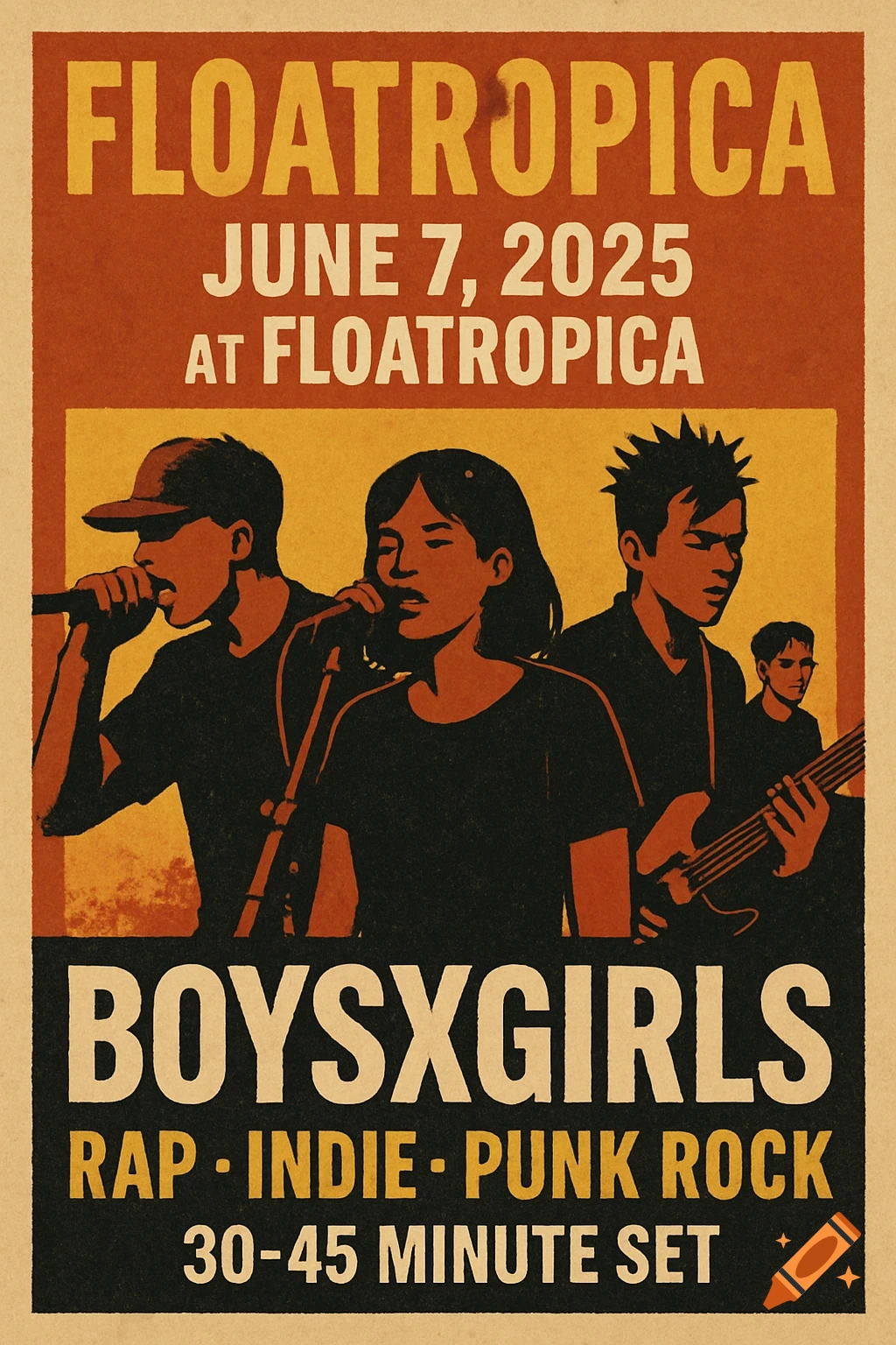 Vintage style music flyer for BoysXgirls band, listing event details and genres (rap, indie, punk rock).