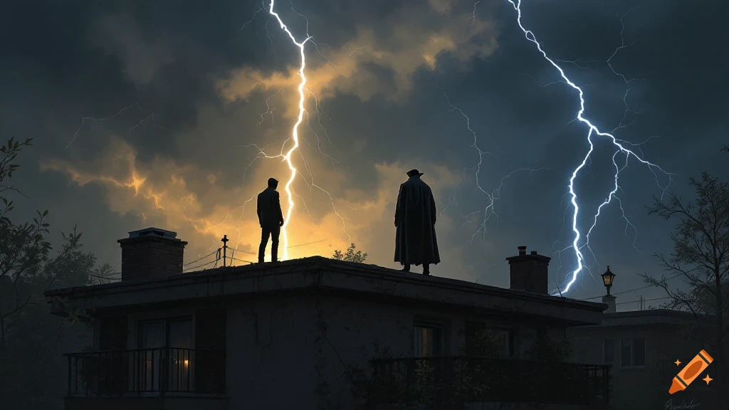 Two silhouetted figures stand on a rooftop during a dramatic lightning storm.