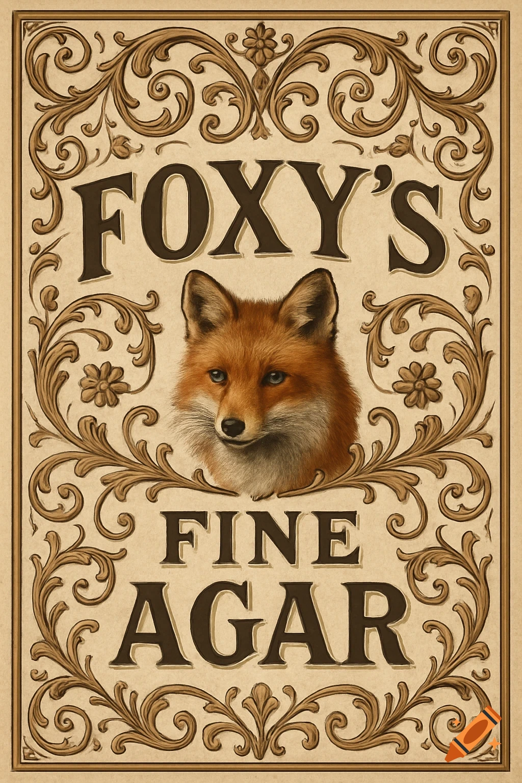 Vintage style label illustration with a fox head and ornamental border, text reads "FOXY'S FINE AGAR"