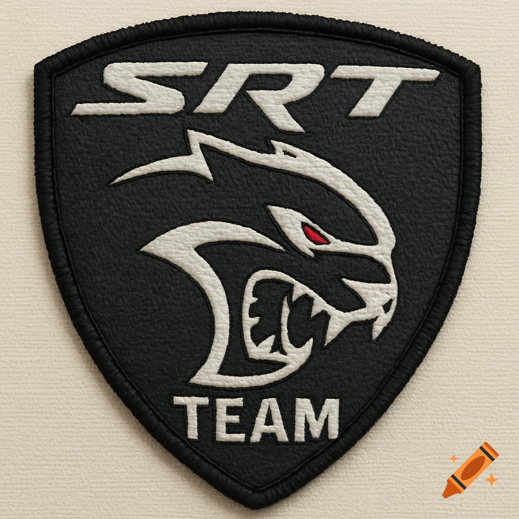 A black patch with white text and a stylized white logo of a fanged creature with red eyes. The text 'SRT' is at the top, and 'TEAM' is at the bottom.