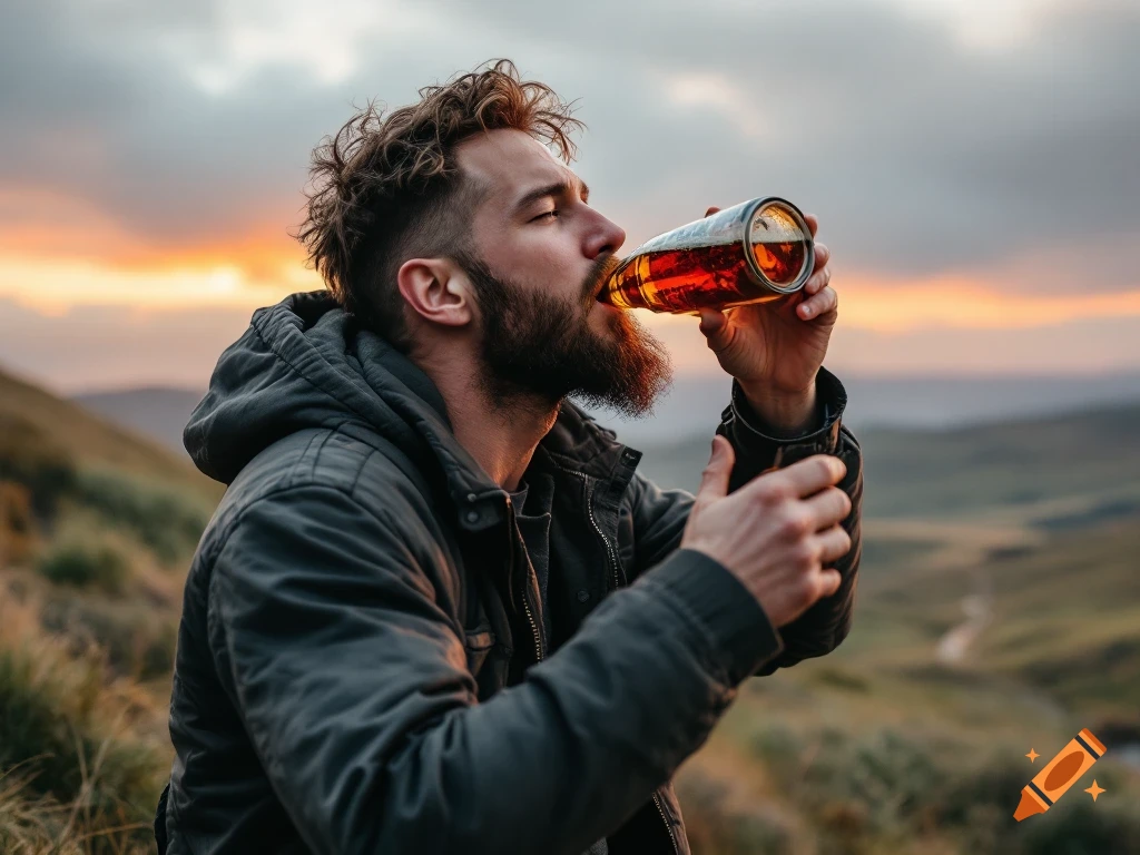 A man with a beard drinks from a bottle on a grassy hill at sunset.