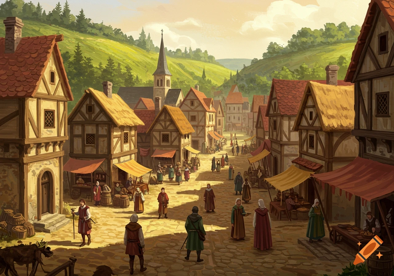 Medieval market street scene with people, buildings, and stalls in an illustrative style.