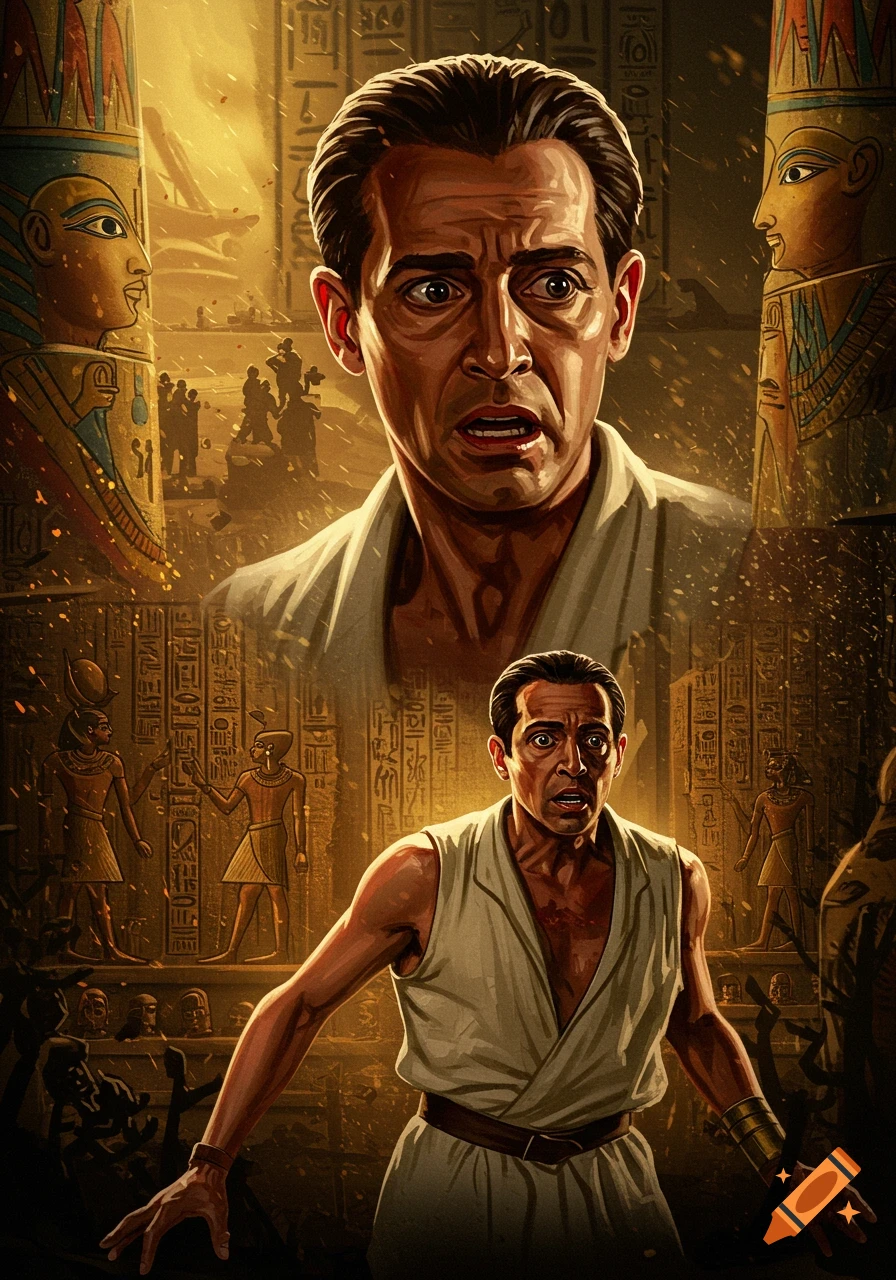 An illustration of a man with a scared expression in an ancient Egyptian tomb with pillars and hieroglyphics.