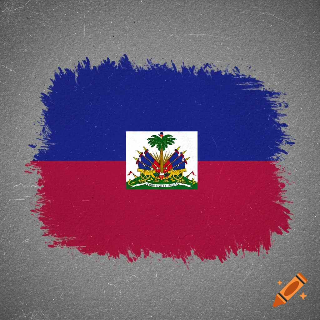 The Haitian flag depicted as a brushstroke on a textured grey background.