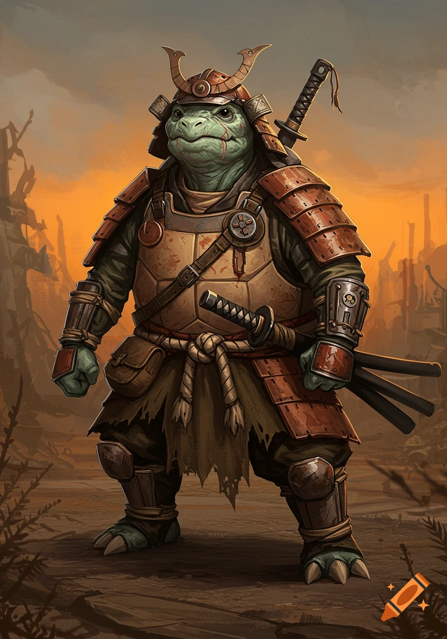 A Tortle samurai character in weathered armor stands in a post-apocalyptic landscape.