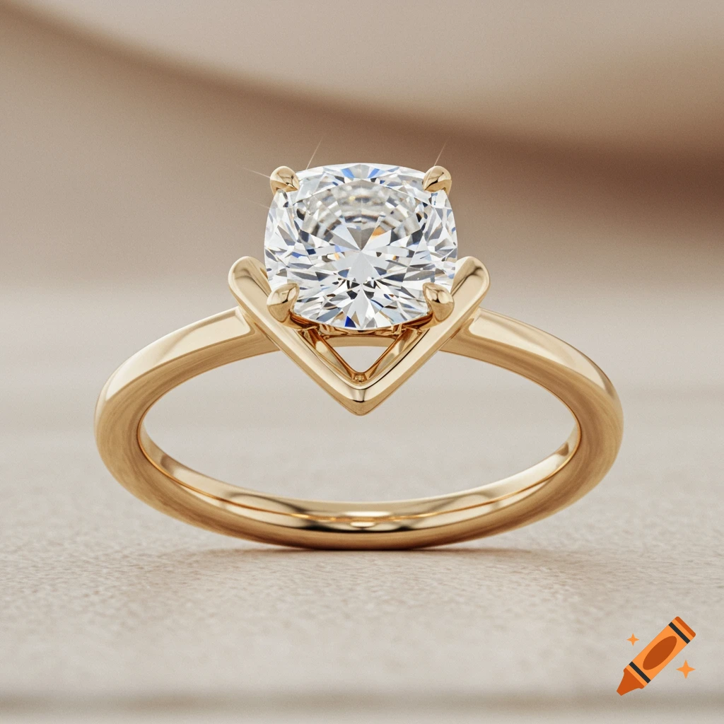 Close-up of a gold engagement ring with a cushion cut diamond