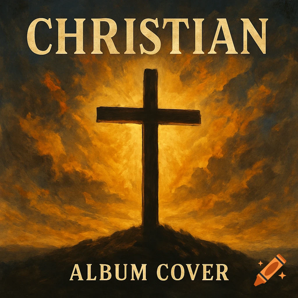A cross silhouetted against a dramatic sunset sky, with the words 'CHRISTIAN' and 'ALBUM COVER'.