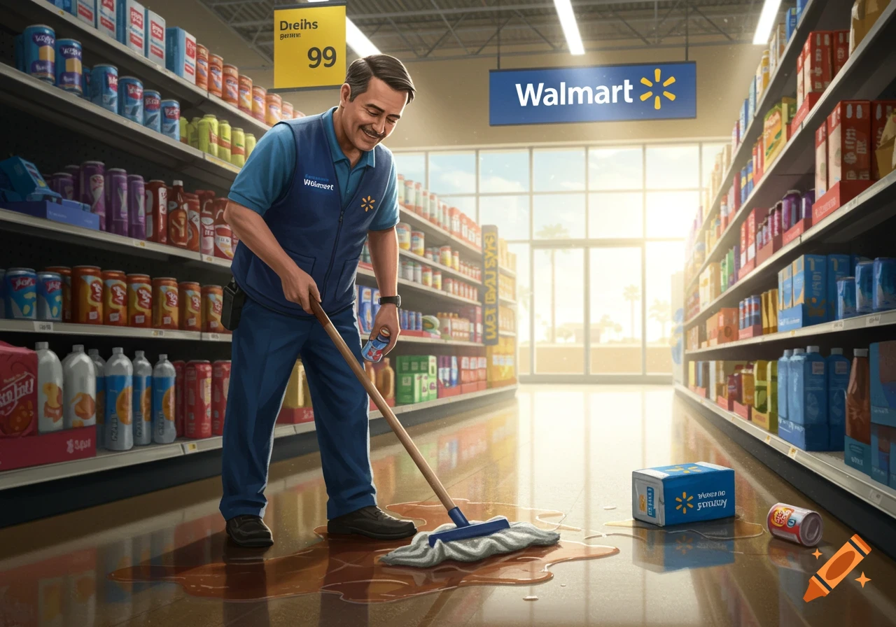 A man in a Walmart vest mops up a spill on the floor of a store aisle. Photorealistic.
