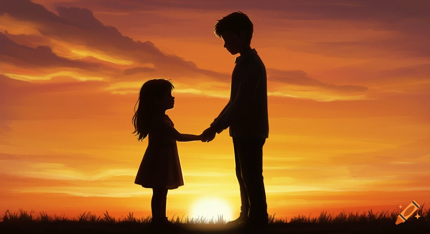Silhouettes of a child and a teenager holding hands against an orange sunset sky.