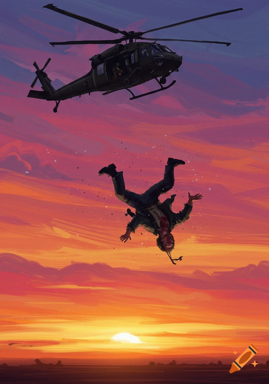 A person falls from a helicopter against a vibrant sunset sky above a landscape, in a painterly illustration style.
