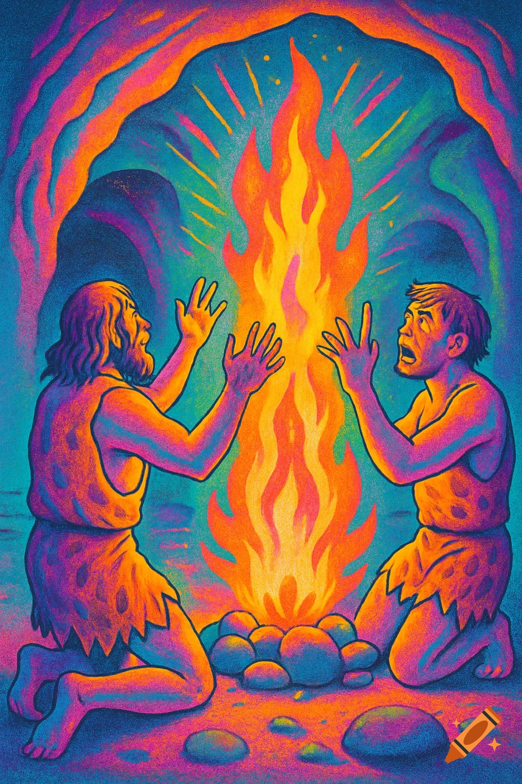 Two cavemen kneel before a large fire in a cave, looking surprised, in a vibrant, colourful illustration style.