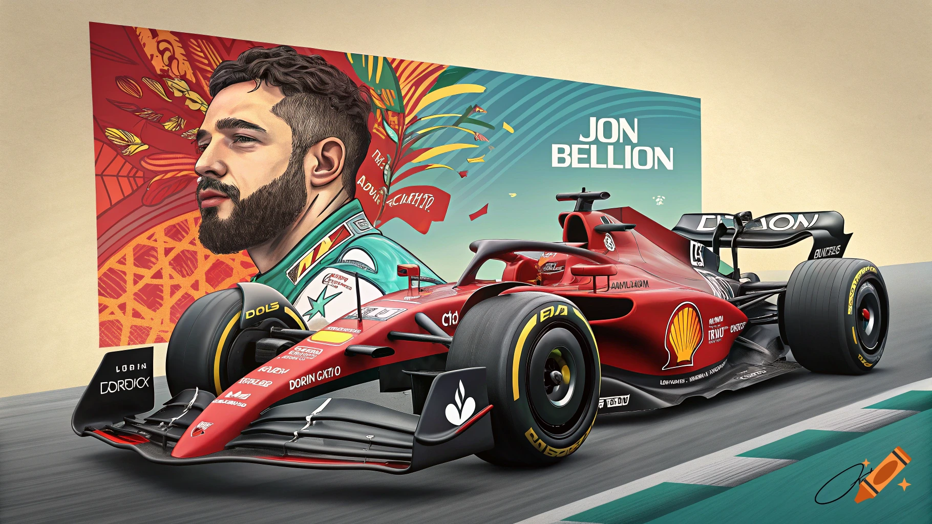 Stylized portrait of a man next to a red F1 car against a colorful background with text "Jon Bellion".