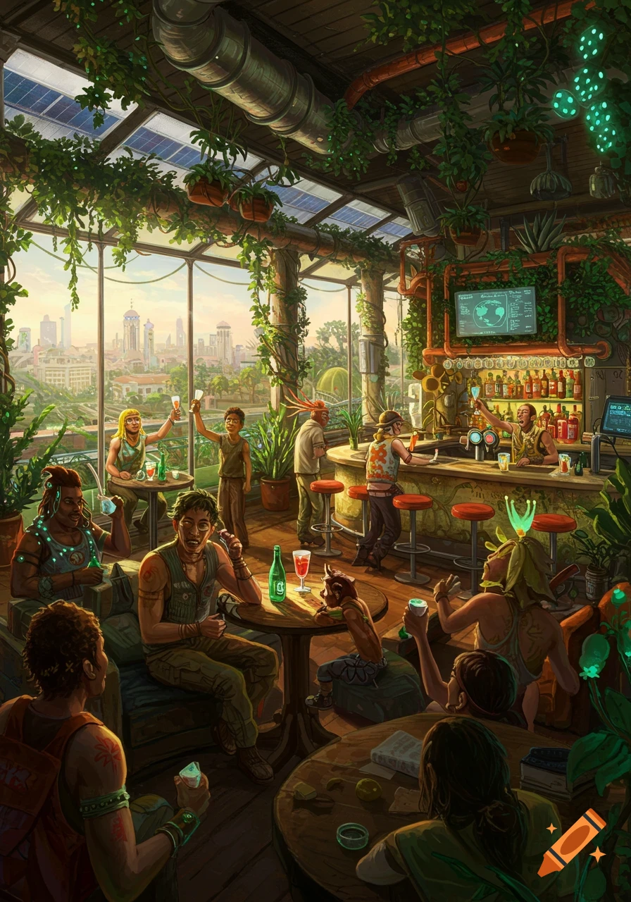 A bustling solarpunk bar with people socializing, filled with plants and solar panels, overlooking a futuristic city. Detailed illustration.