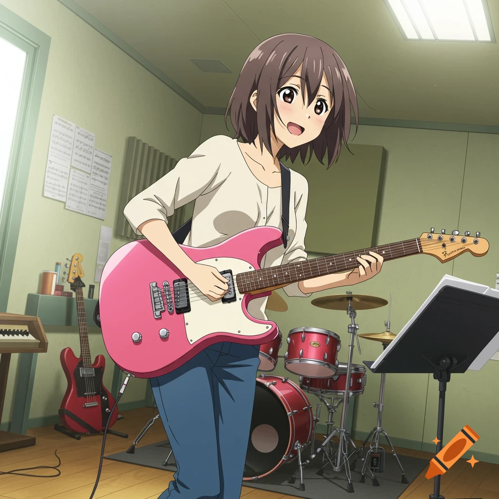 Anime girl plays a pink electric guitar in a music practice room.