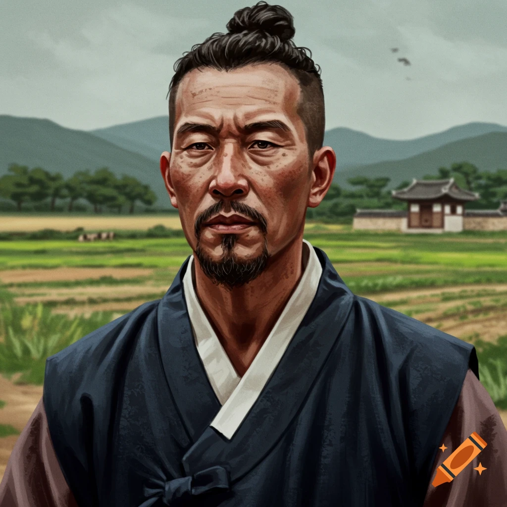 Portrait of a man in traditional Korean clothing in a rural landscape.