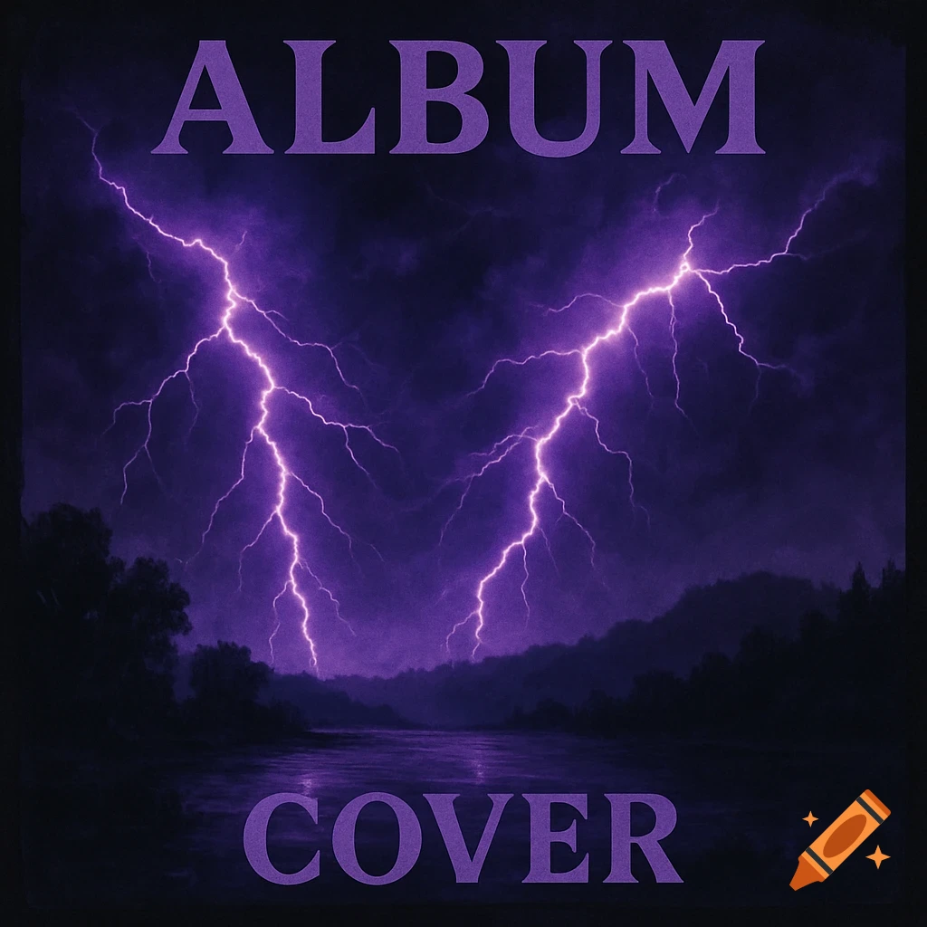 A dark stormy landscape with purple lightning striking over water and mountains, with the words ALBUM COVER