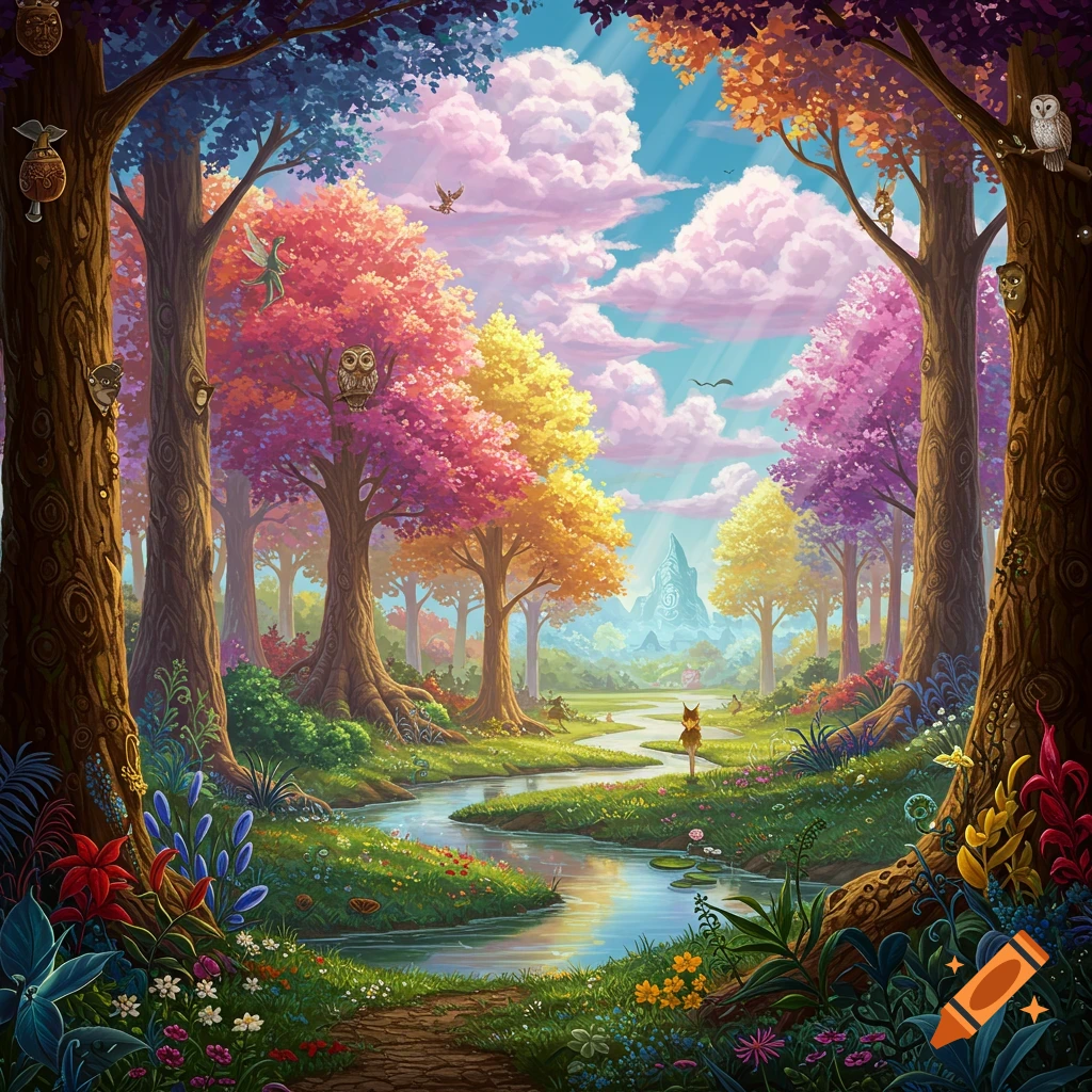 A colorful fantasy forest landscape with a winding stream, vibrant ...