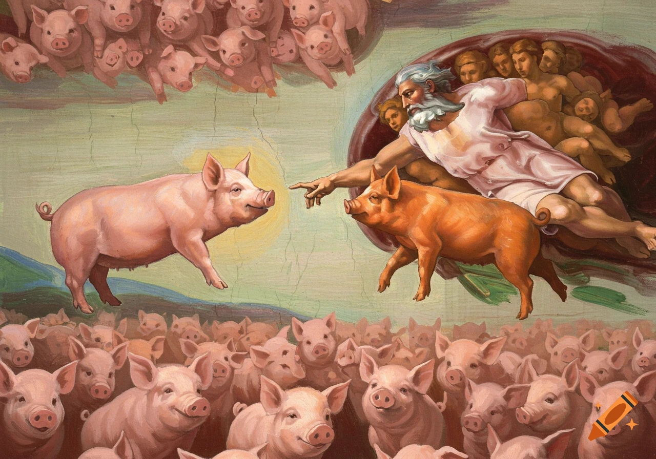 Painting of The Creation of Adam parody, with God reaching out to a pig, surrounded by many other pigs.