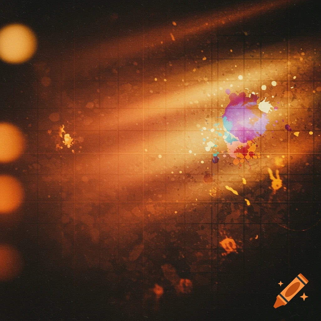 Abstract background with warm light rays, textures, bokeh, and colorful splatter