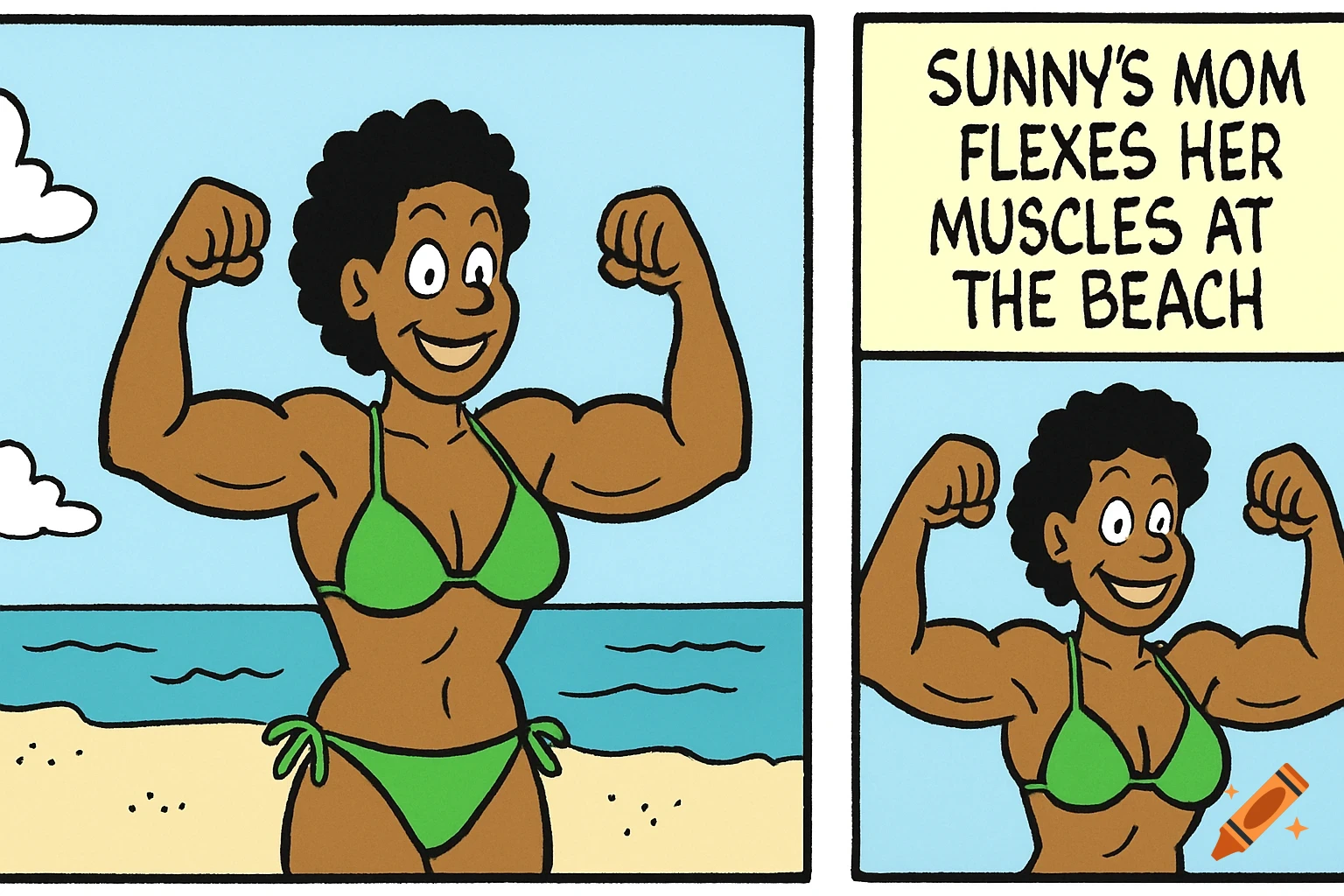 Cartoon comic panel of a woman in a green bikini flexing on a beach. Text above reads: SUNNY'S MOM FLEXES HER MUSCLES AT THE BEACH