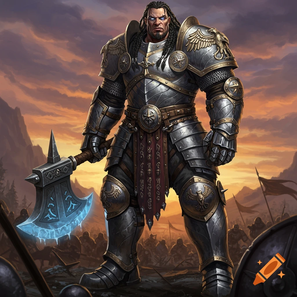 Large warrior in ornate armor holding a glowing axe on a battlefield at sunset.