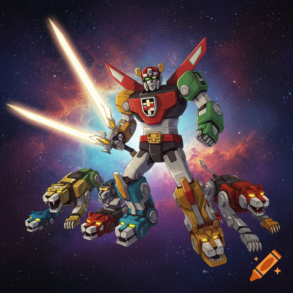 Voltron robot with swords standing over its lion components in space