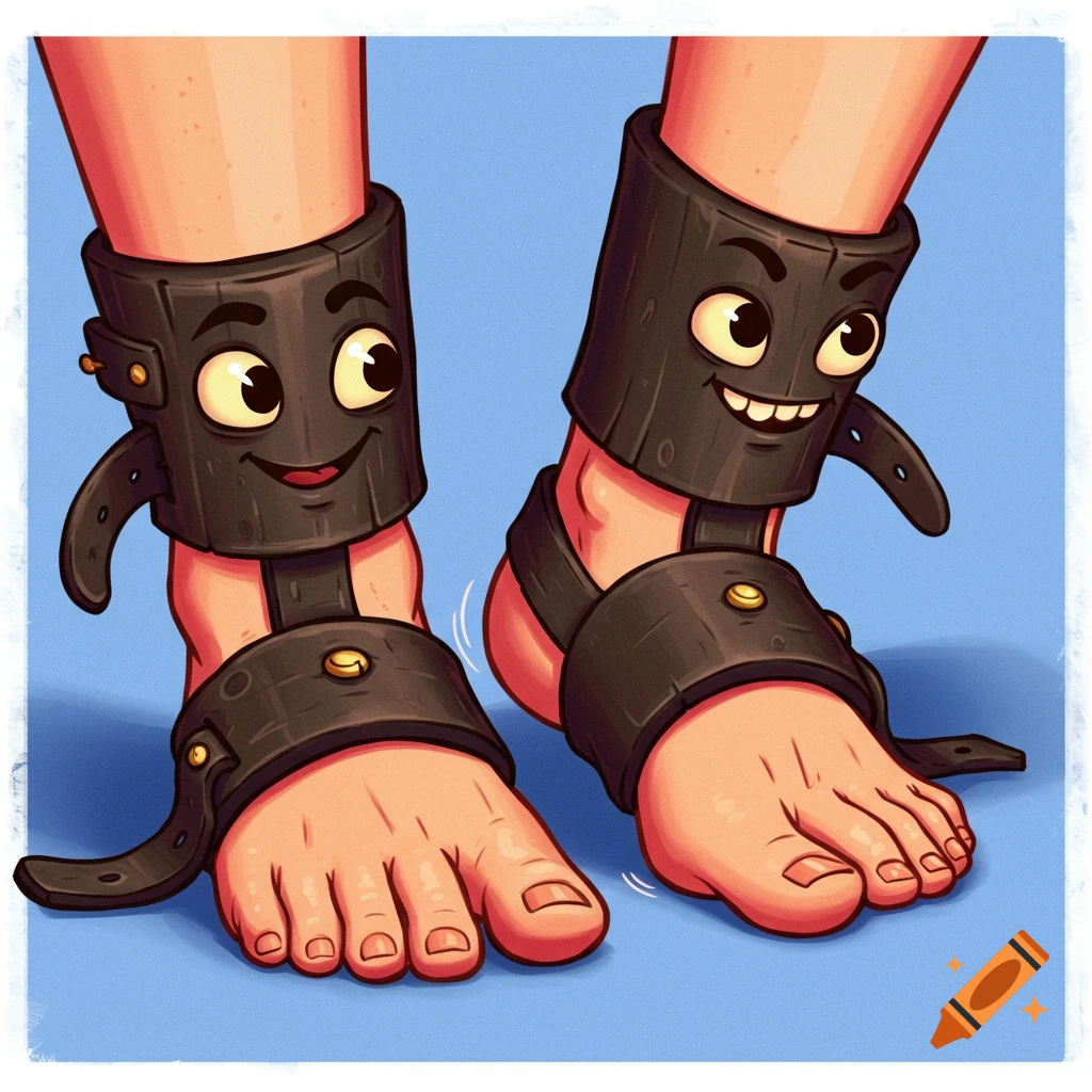 Cartoon feet wearing ankle stocks with faces on them, illustration style