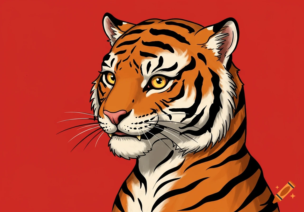 An illustration of a tiger's head and shoulders looking left against a red background.