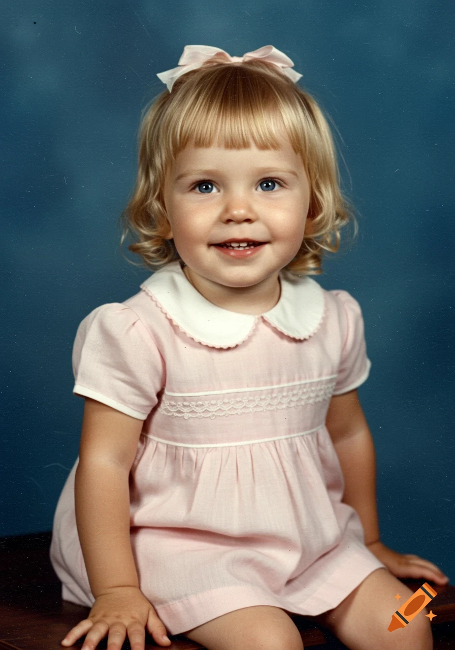 Vintage portrait of a young girl with blonde hair and bangs, wearing a pink dress and smiling.