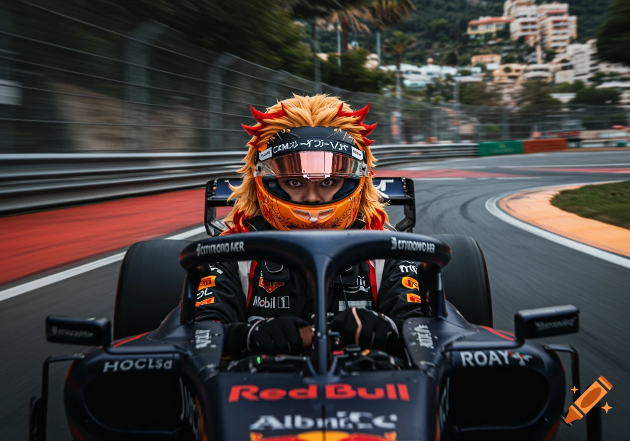 Formula 1 driver with fiery anime hair in a Red Bull car on a race track