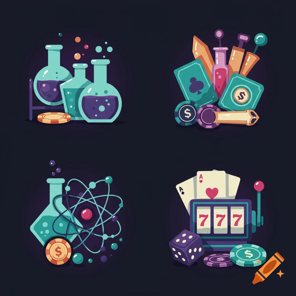 Four flat-style icons blending chemistry and casino themes: beakers, an atom model, poker cards and chips, and a slot machine with dice.