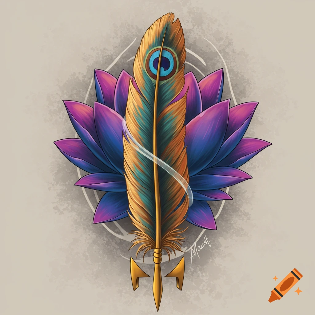 Stylized tattoo design of a peacock feather over a purple and blue lotus flower with gold accents.