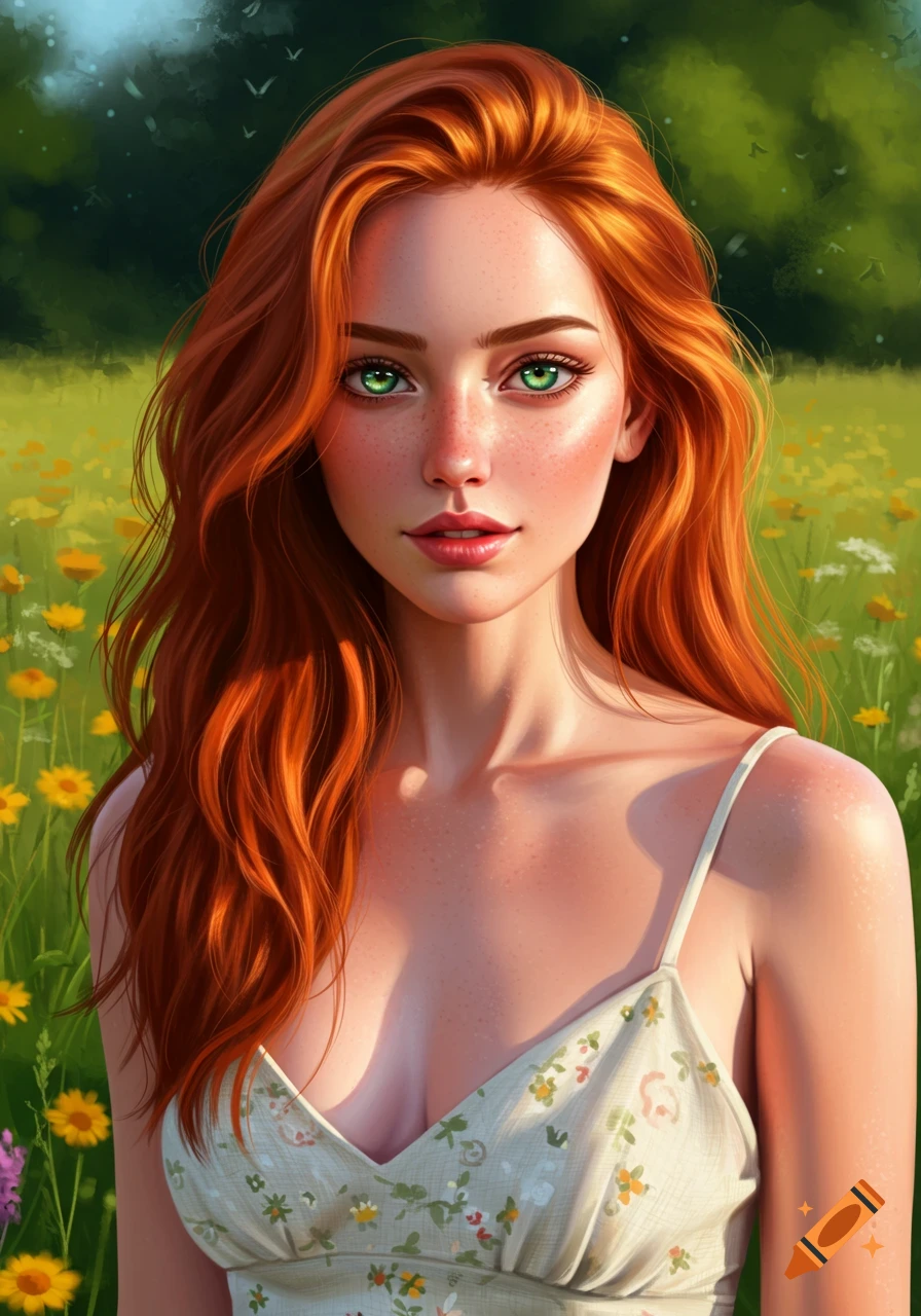 A beautiful woman with long red hair and green eyes stands in a field ...