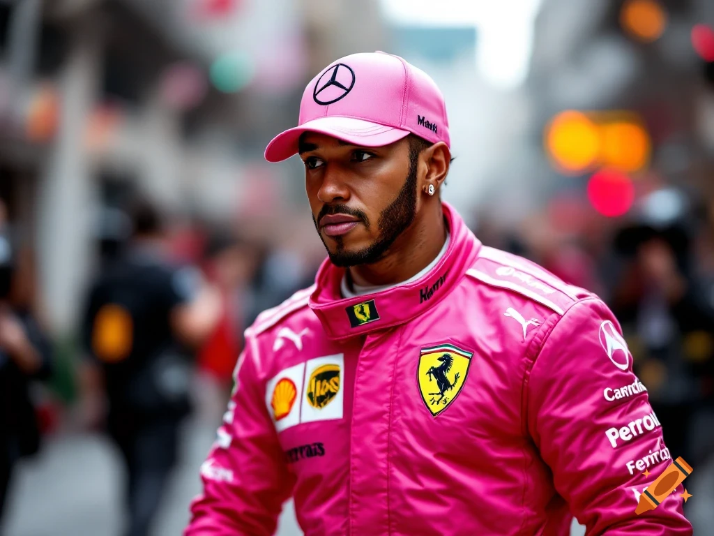 Lewis Hamilton in a pink Ferrari race suit outdoors.