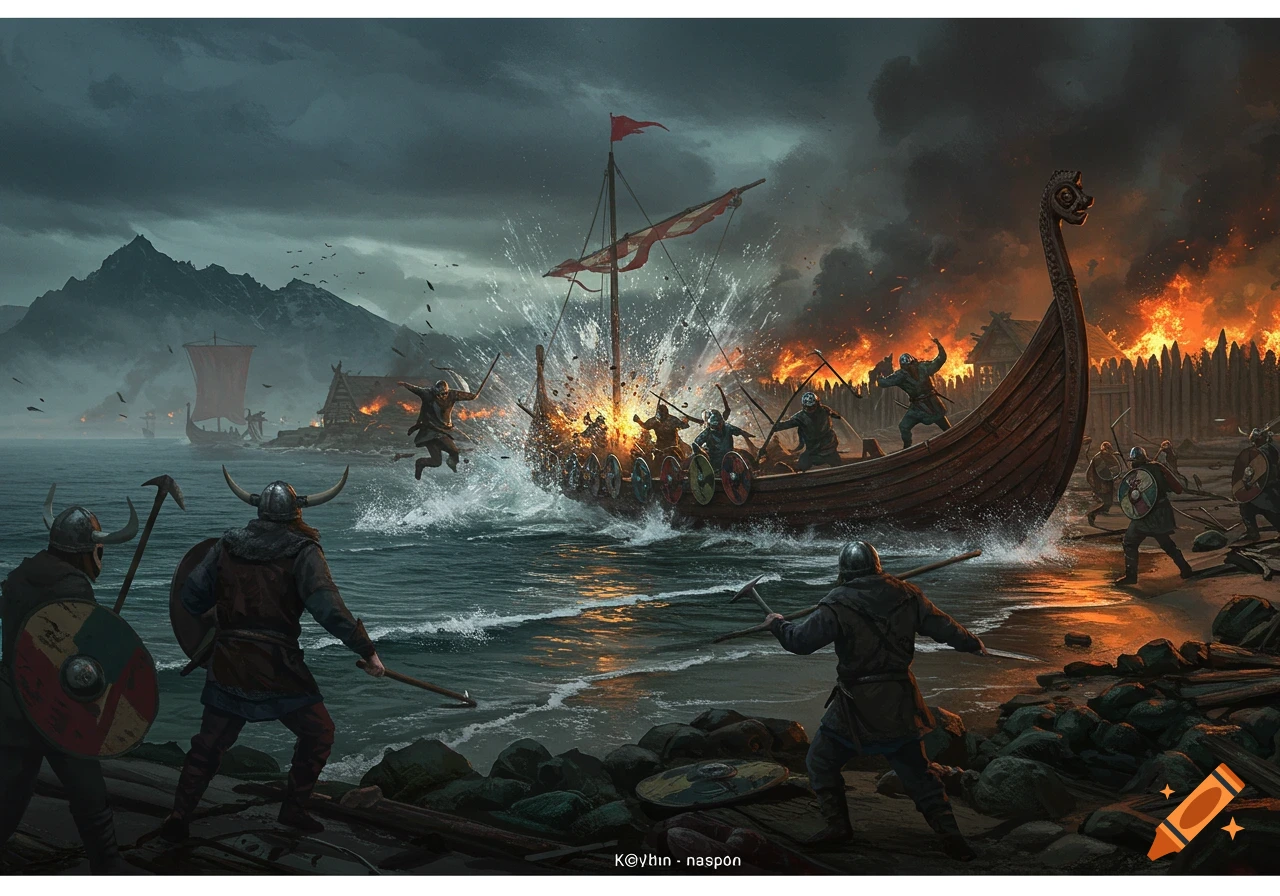 Epic illustration of a Viking longboat landing on a beach during a battle with a burning village in the background under a stormy sky.