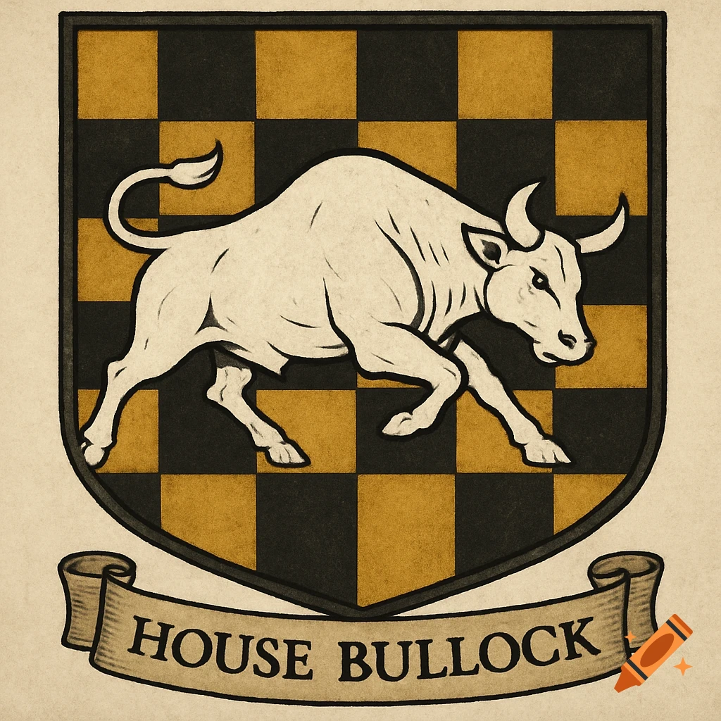 Coat of arms sigil with a white bull on a checkered black and gold shield, banner reads 'HOUSE BULLOCK'.