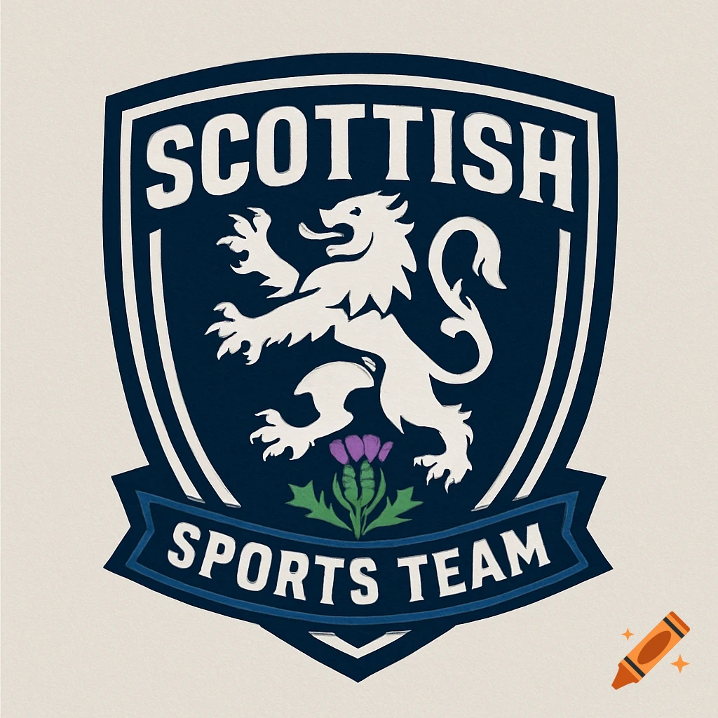 A Scottish sports team logo featuring a white lion rampant and purple thistle on a navy blue shield with the words "SCOTTISH SPORTS TEAM".