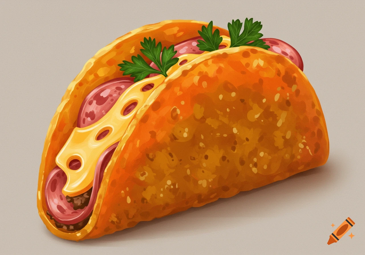 Illustration of an orange shelled taco filled with bologna, cheese, and parsley.