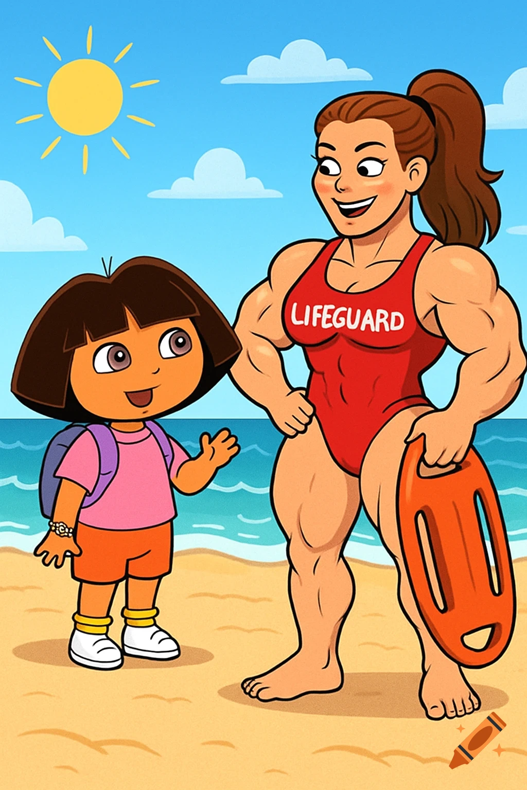 Cartoon of Dora the Explorer standing next to a muscular female lifeguard on a beach.