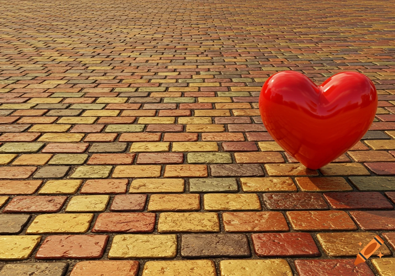 A shiny red heart sits on a colourful, textured cobbled path.
