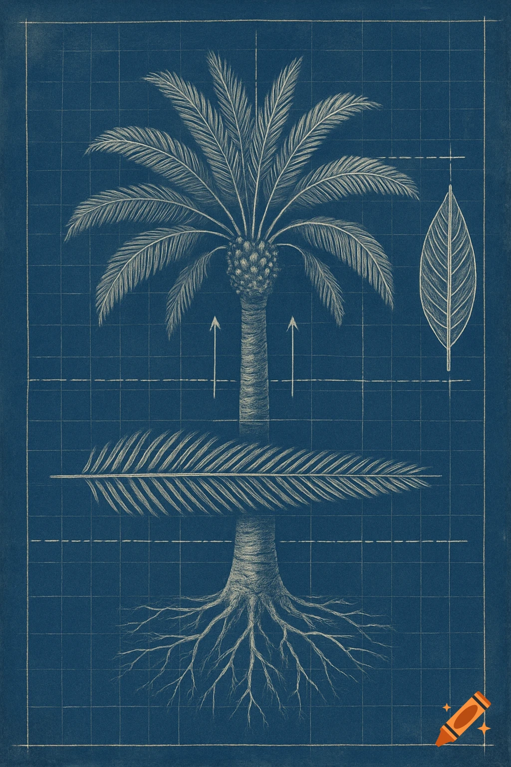 Blueprint illustration of a deconstructed palm tree with roots, trunk, and leaves.