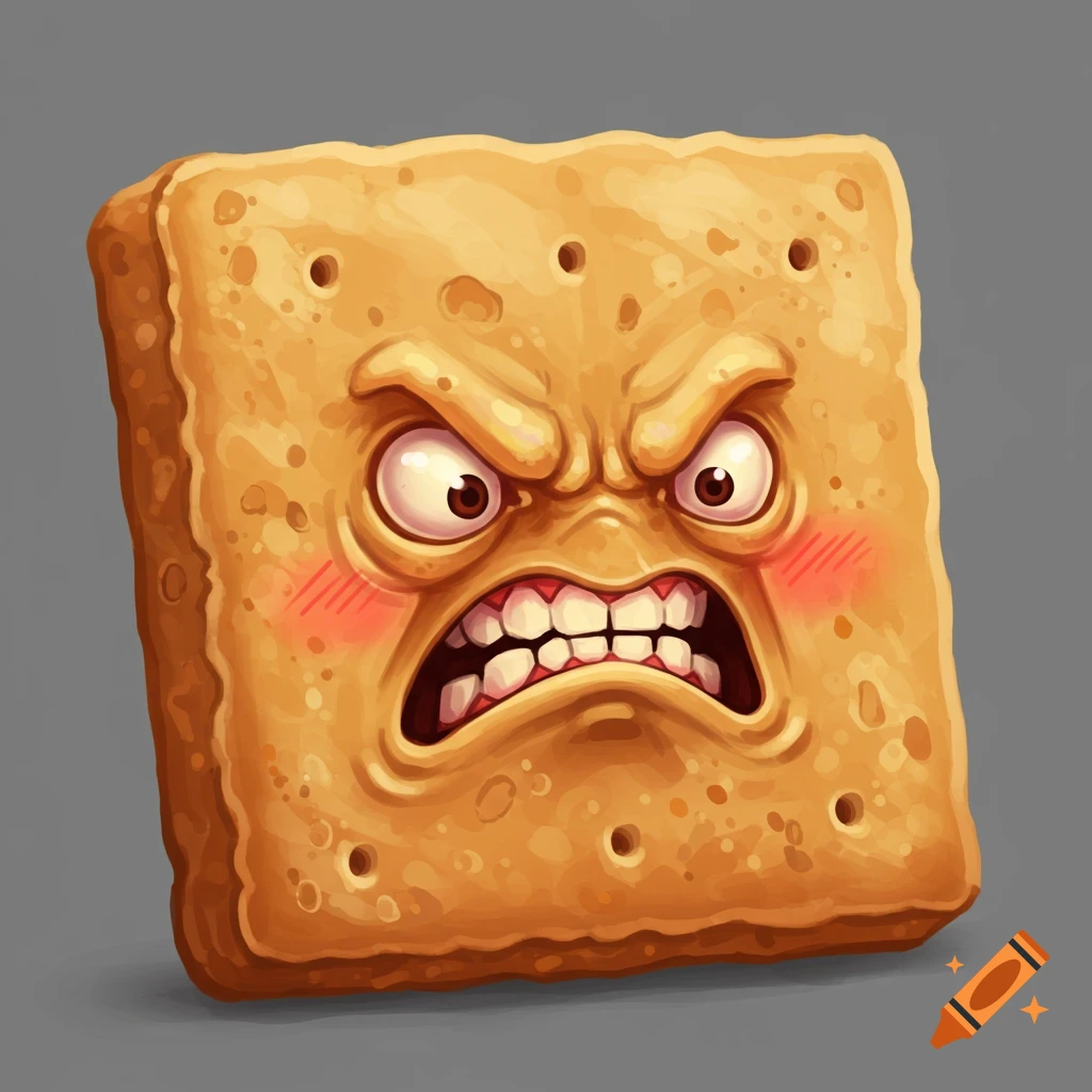A cartoon illustration of an angry square cracker with a face, baring its teeth and furrowing its brow.