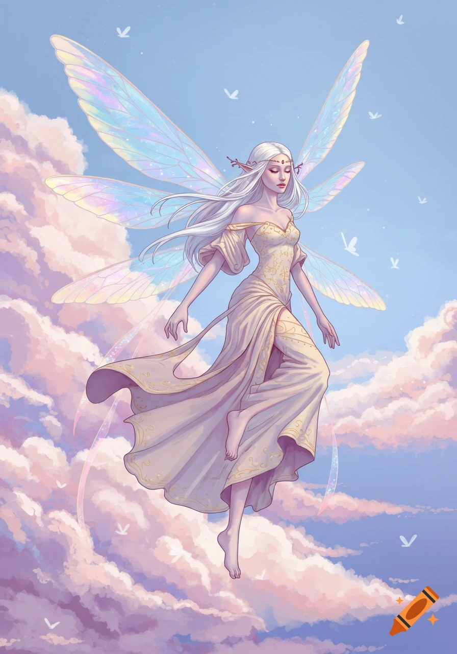An angelic woman with shimmering wings floats in clouds, art nouveau style.
