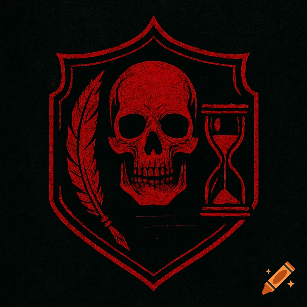 Red gothic medieval emblem with a skull, feather quill, and hourglass on a black background.