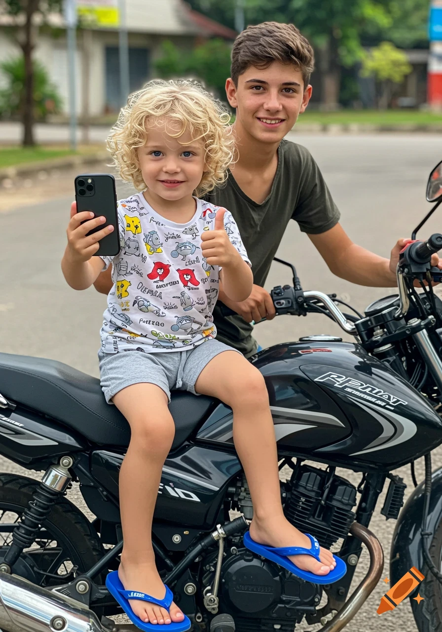 Two boys on a motorcycle, the younger one holding a phone and giving a thumbs up.