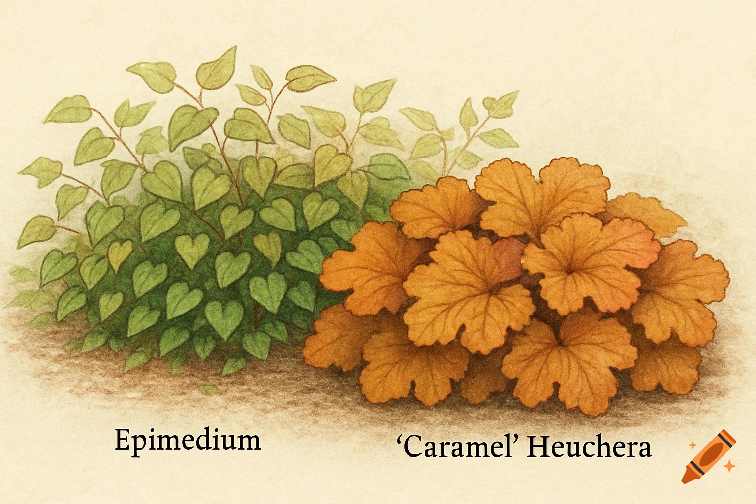 Botanical illustration of Epimedium and 'Caramel' Heuchera plants with labels.