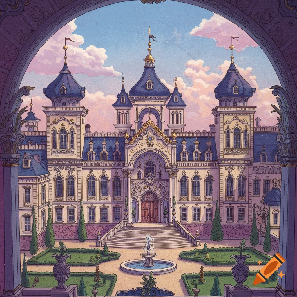 Stylized illustration of a grand palace with gardens seen through an archway.
