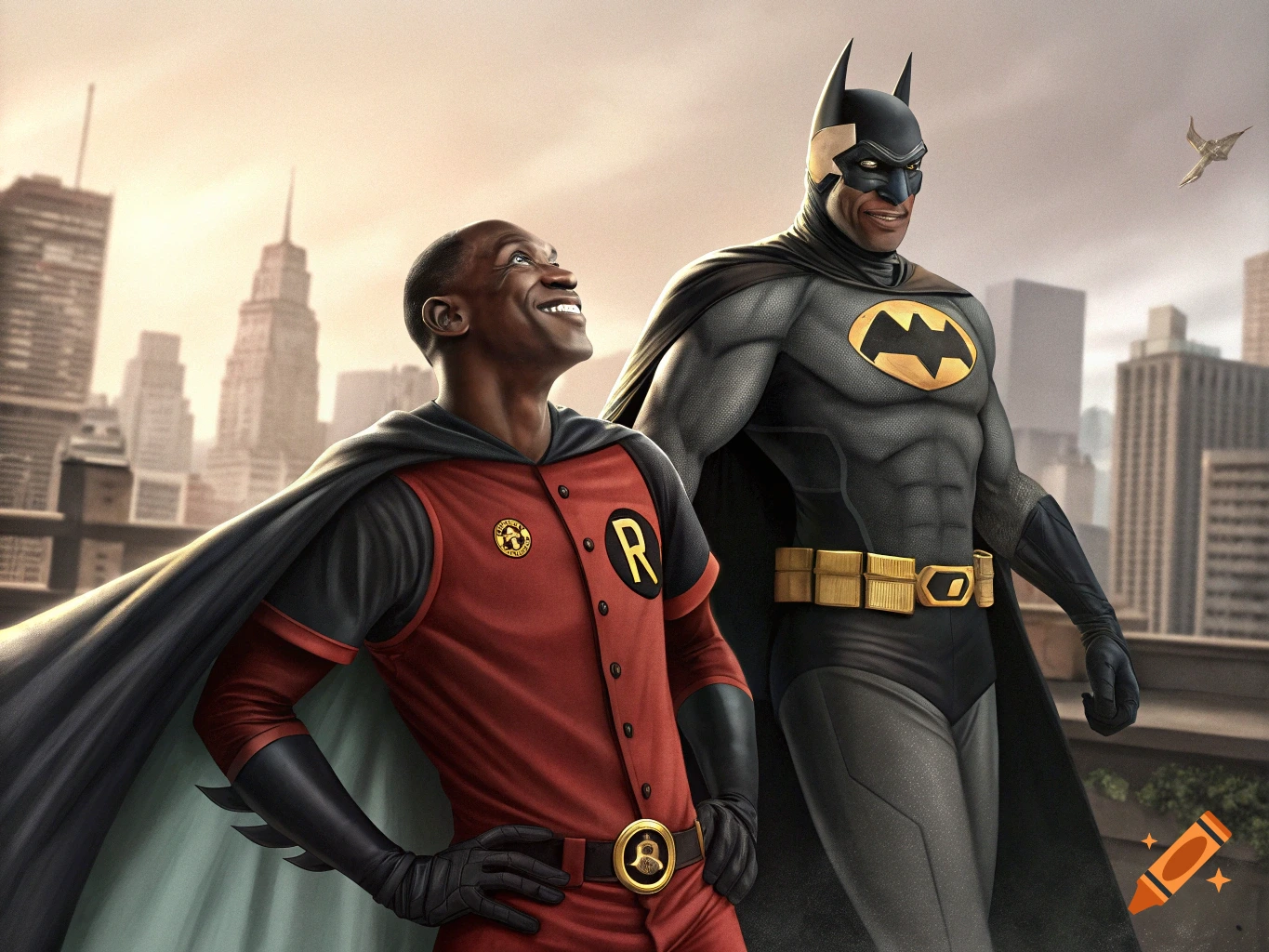 Two figures dressed as Batman and Robin stand on a rooftop overlooking a city.