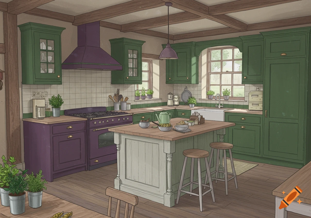 Illustrated cottage kitchen with purple and green cabinets and a central island.